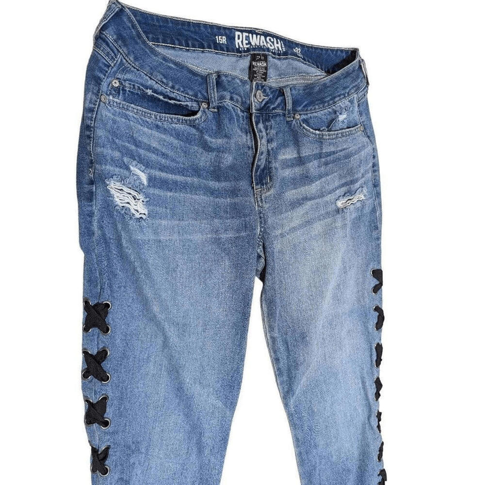 Rewash Women's Blue Ribbon Lace-Up Side Straight Distressed Jeans Size 15R - Picture 4 of 8